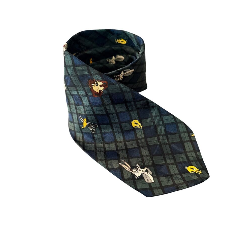 Looney Tunes Mania Tie Bugs Bunny Tweety Taz Plaid Cartoon Neck Tie